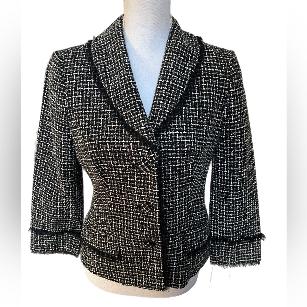 Laundry By Shelli Segal Womens Blazer Size 6 Black/white Tweed Fringe Shimmer - Picture 2 of 7